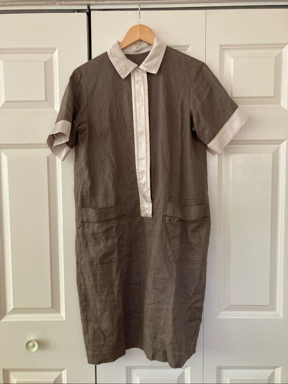 Japanese Linen Shift Dress with Satin Details and Pockets